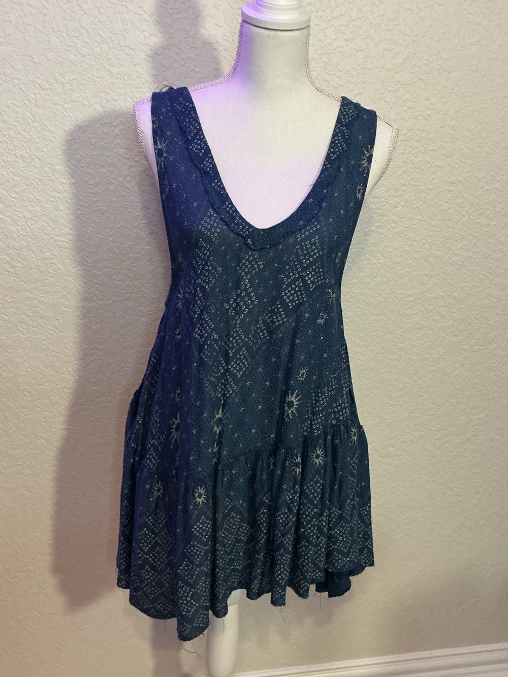 Free People Teal Blue Crochet Sleeveless Tunic Dress (B6)